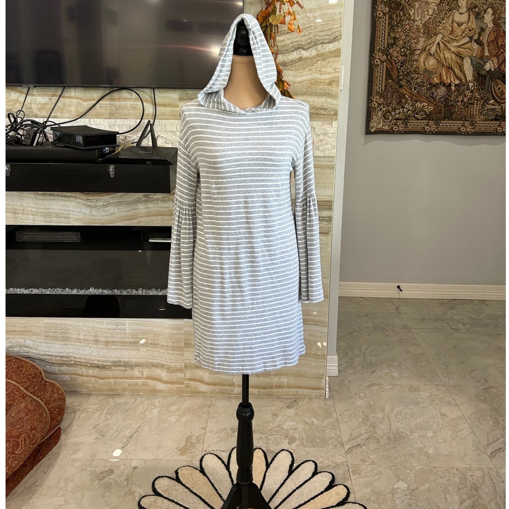 Lou & Grey‎ XS Gray White Striped Hoodie Dress Bell Sleeve Casual Comfy